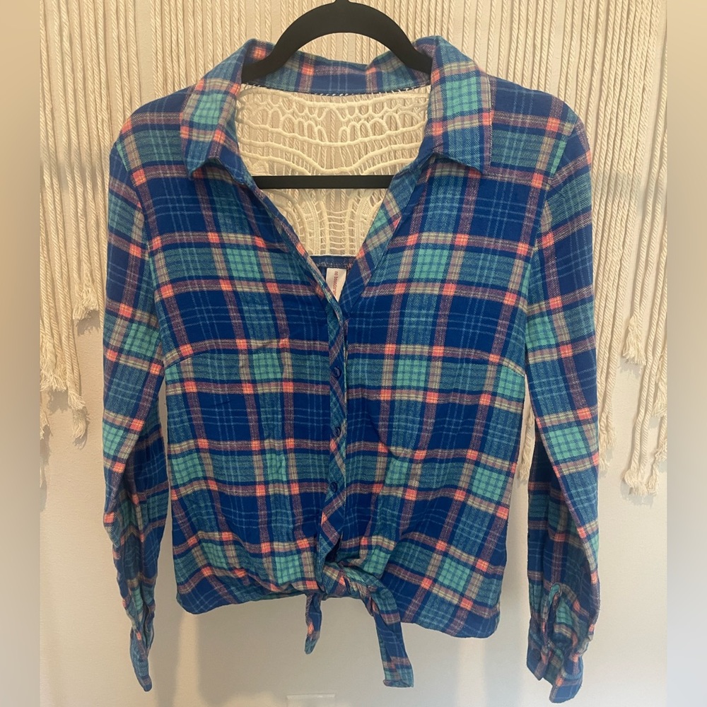 Button Down Tie-Front Laced Flannel Long Sleeve Sz L